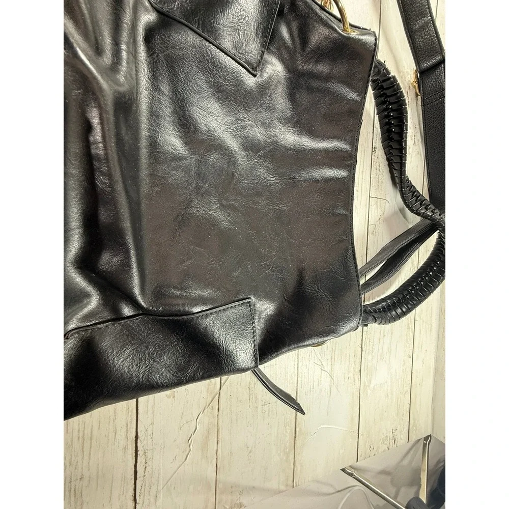 Black Faux Leather Hobo Bag Braided Handle Gold Hardware Crossbody‎ Shoulder Bag